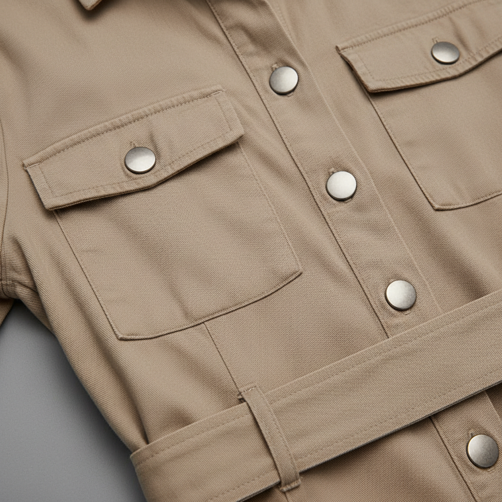 Close-up of utility shirt dress fabric, stitching, buttons, and cargo pockets