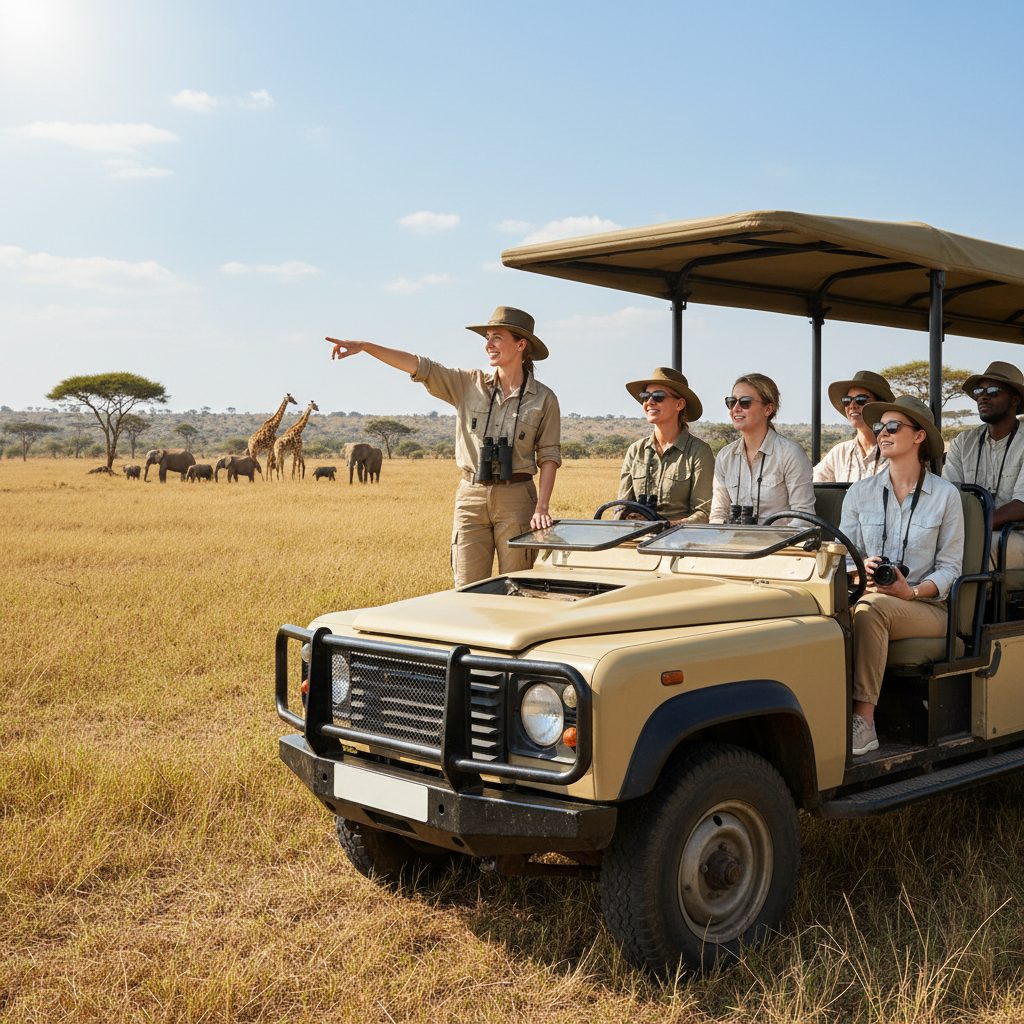 Safari guide briefing travelers about safe wildlife viewing distance in open vehicle