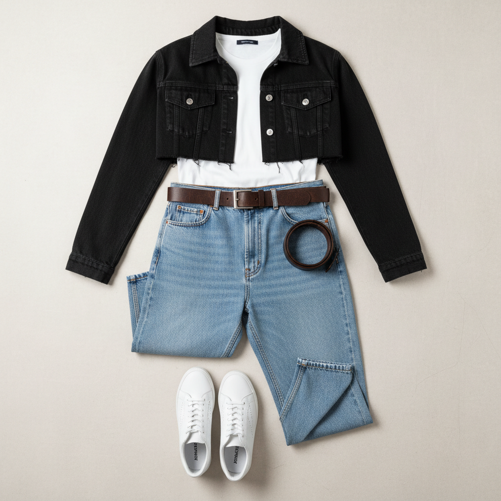 Flat lay showing baggy jeans styling checklist items like belt, fitted tee, sneakers