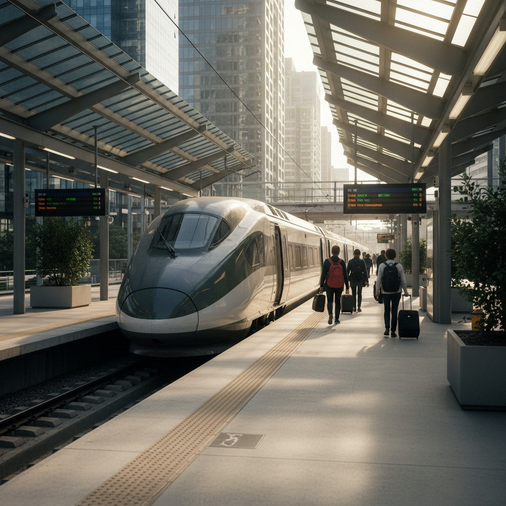 Amtrak-style train arriving at a city station as a lower-impact travel option
