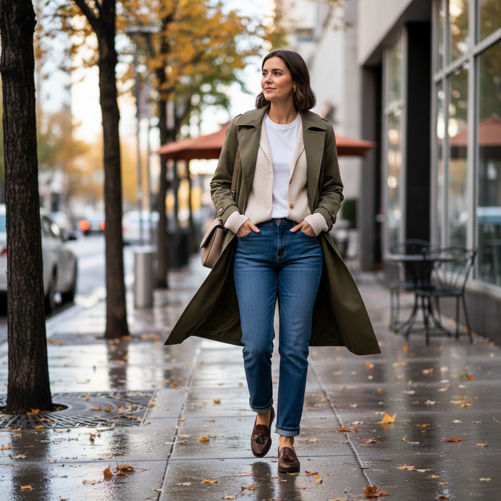 Layered transitional season outfit with light jacket and knit in city street