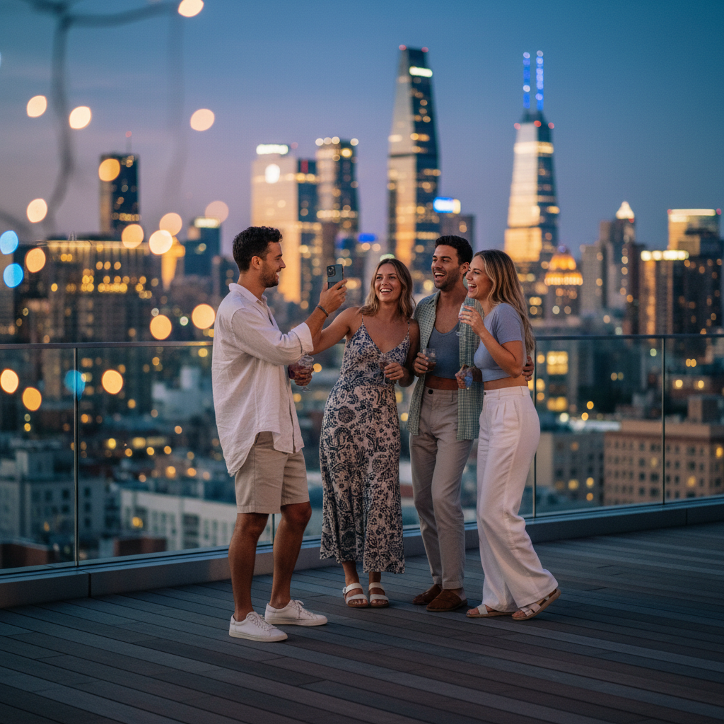 Friends taking photos on a rooftop bar with skyline in the background
