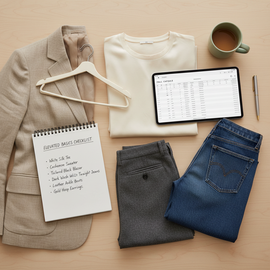 Capsule wardrobe planning with checklist and neutral clothing pieces