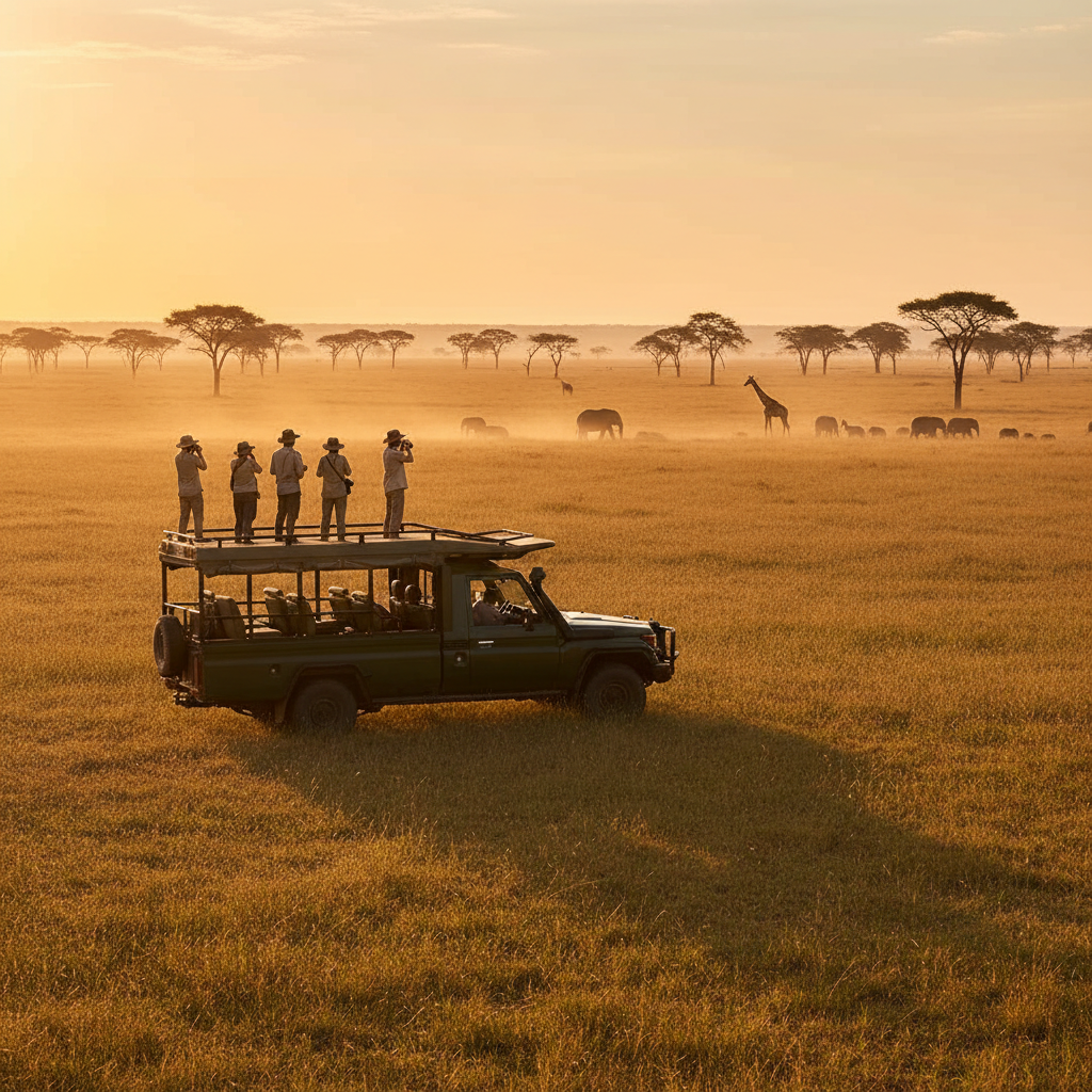 Safari vehicle watching wildlife on African savanna at sunrise