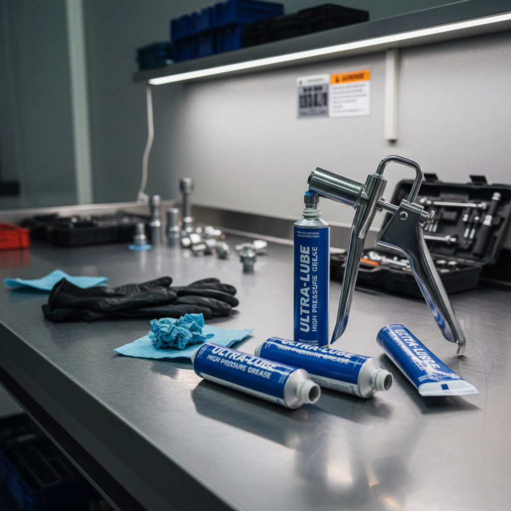 High pressure grease tube cartridges and grease gun refill setup on a workbench