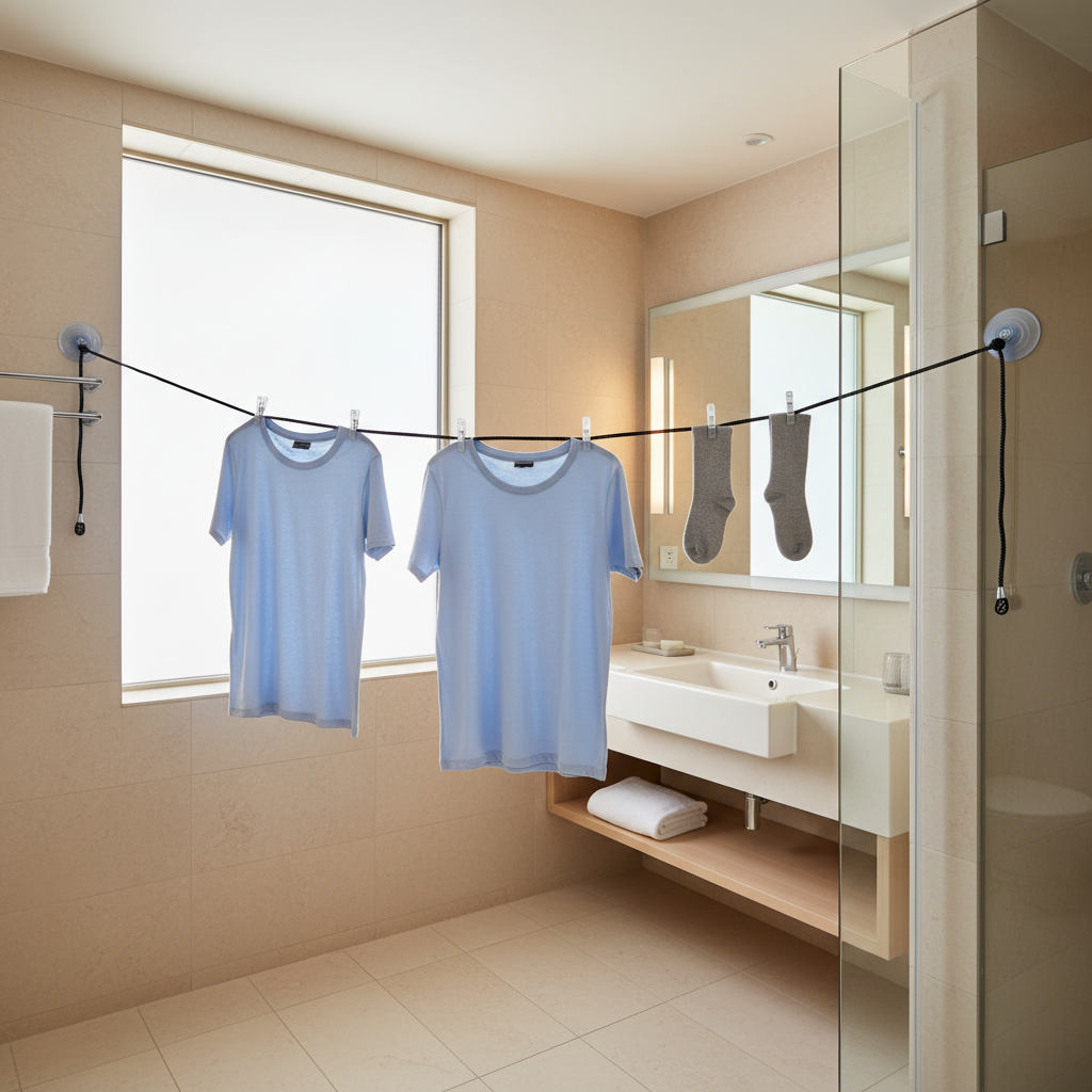 Portable travel clothesline used in a hotel bathroom to dry shirts and socks