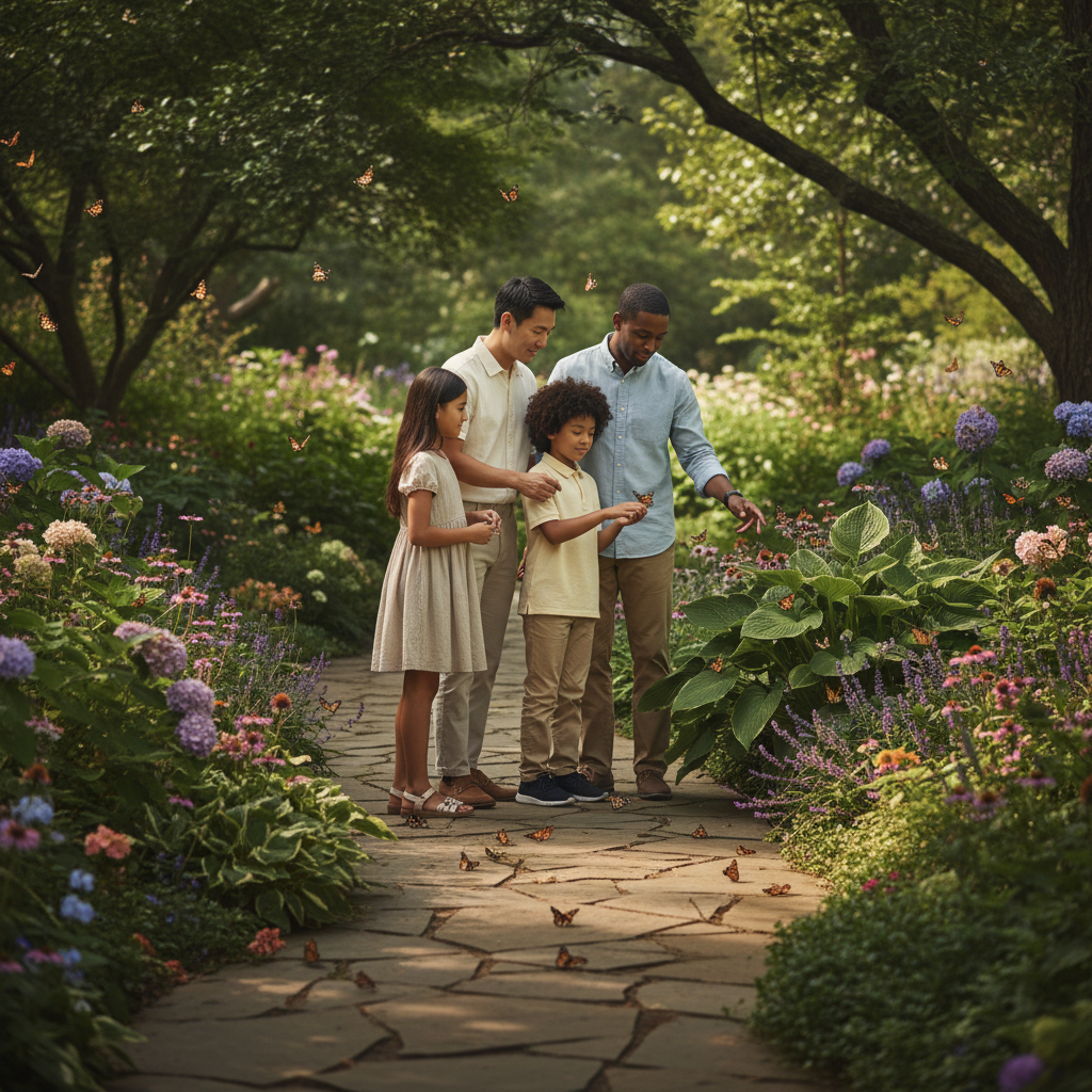 Family quietly observing butterflies on a shaded garden path