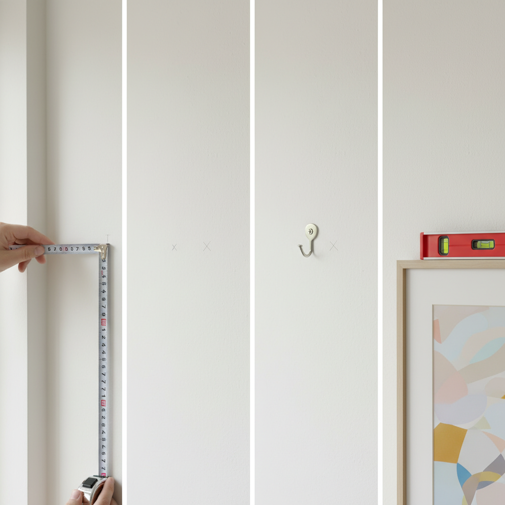 Step-by-step picture hanging with measuring tape and small magnetic level on a wall