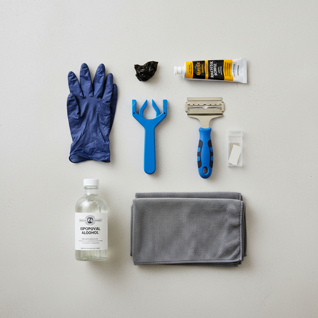 Tools and materials laid out for removing and cleaning old caulk sealant