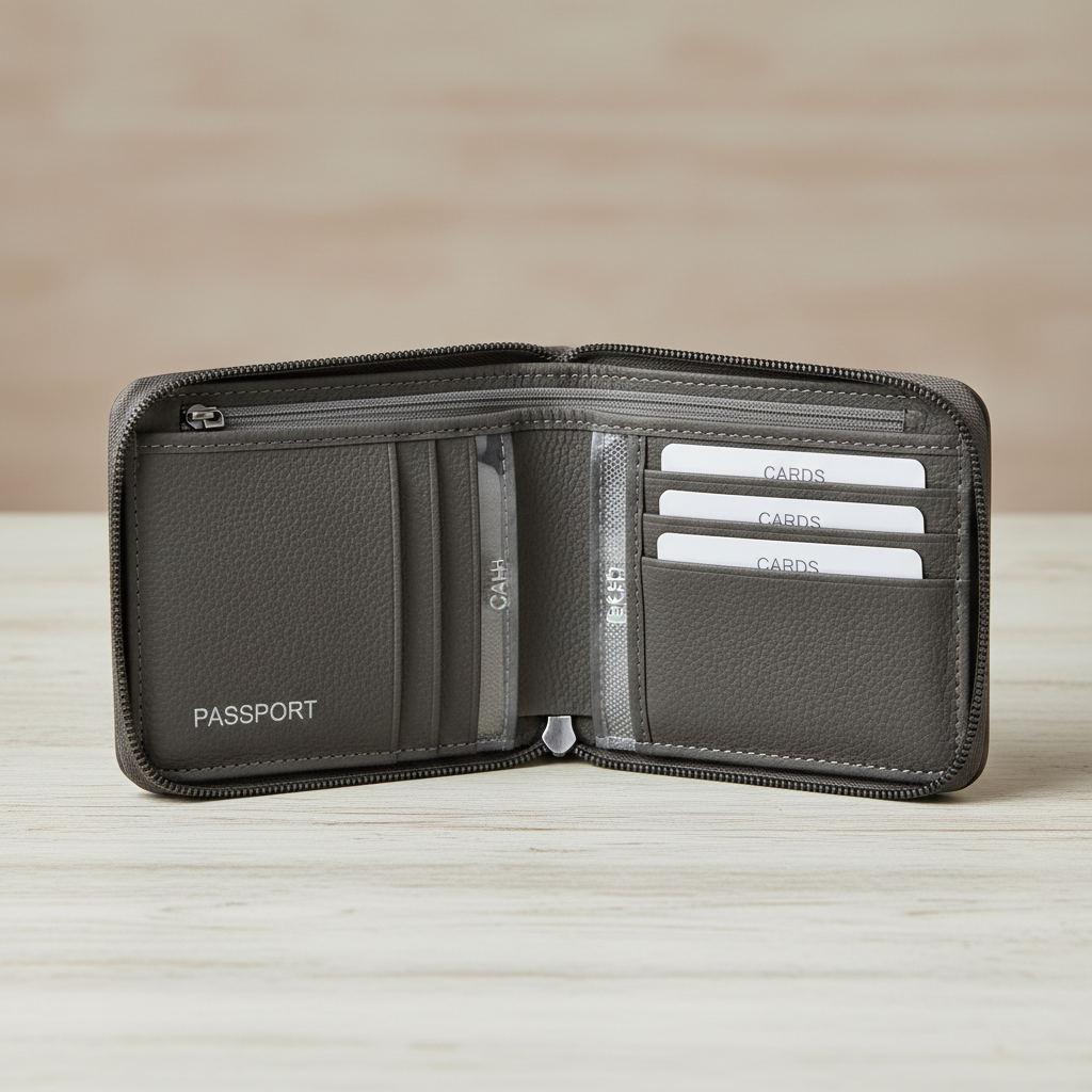 Travel wallet compartments for passport cash and cards with RFID blocking layer