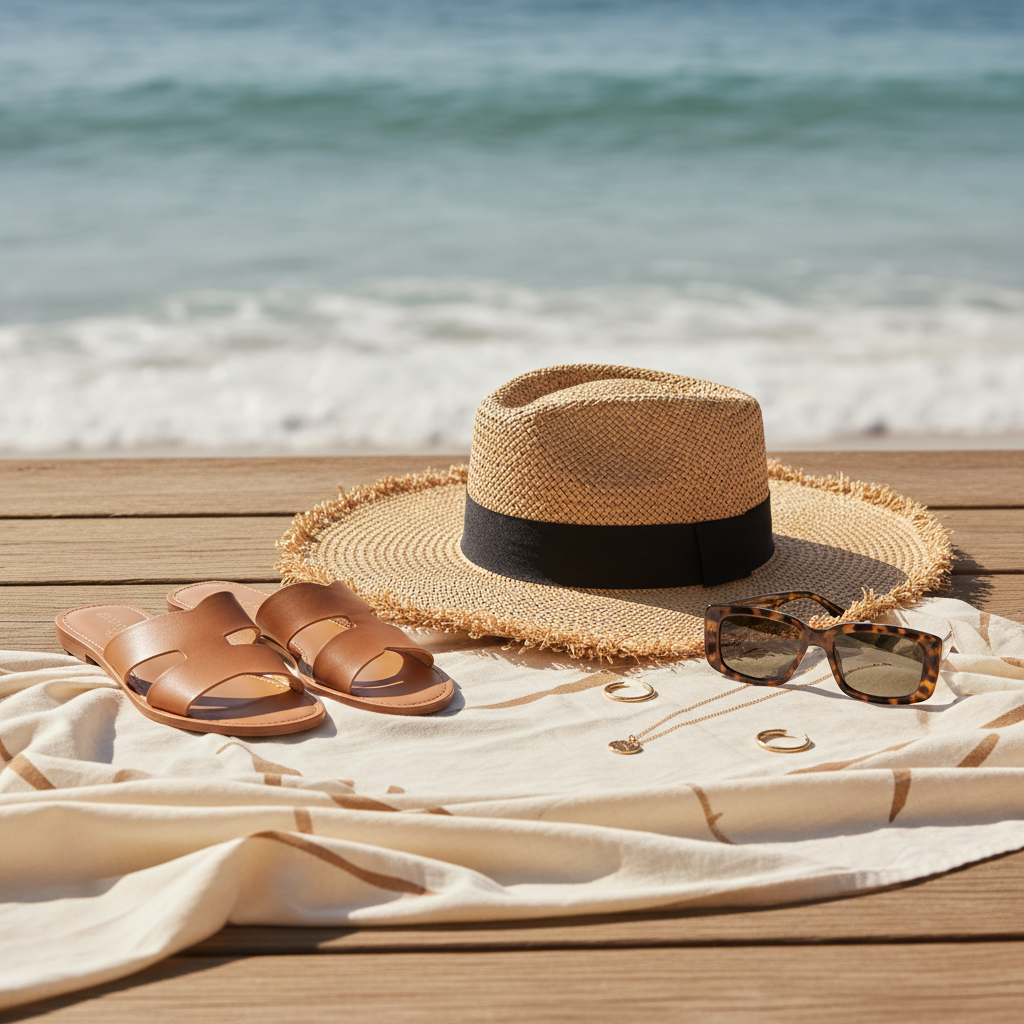 Beach accessories for bikini styling including straw hat, sunglasses, and sandals
