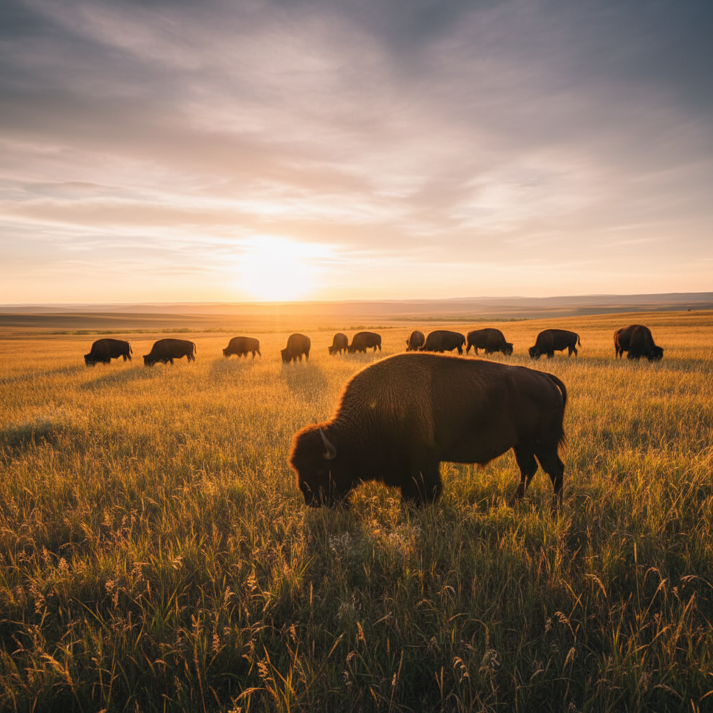 Bison grazing in a wide-open grassland travel destination at golden hour
