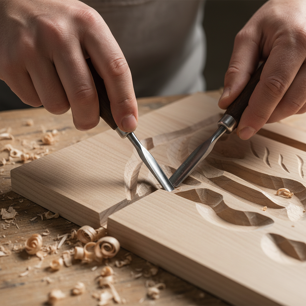 Close-up of carving a basswood relief using a V-tool and gouges