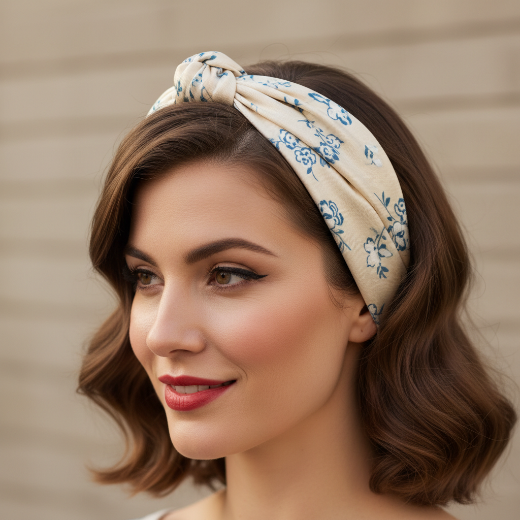 Vintage hair scarf tied as a headband with soft curls