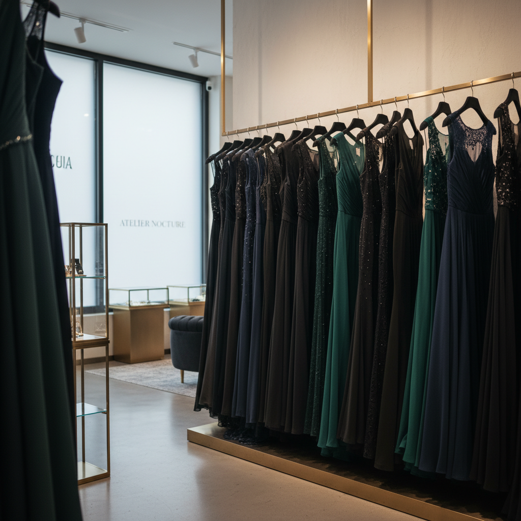 Elegant long black tie gowns on a formal event rack