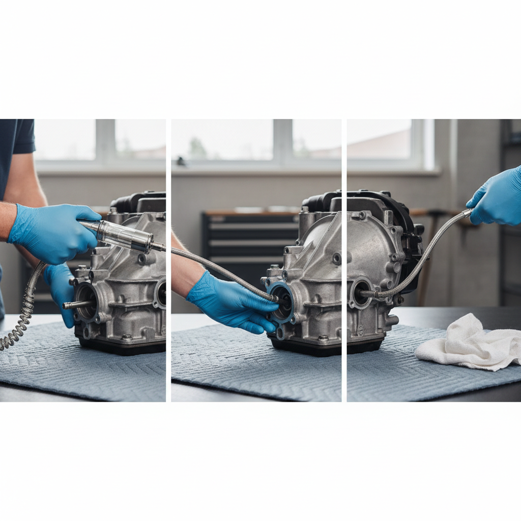 Step-by-step clean technique using a manual oil syringe with hose and gloves