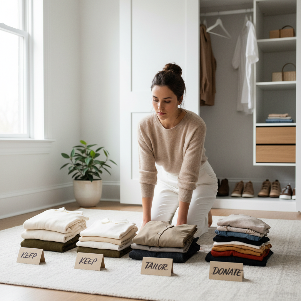 Beginner sorting clothes into keep tailor donate piles for minimalist wardrobe