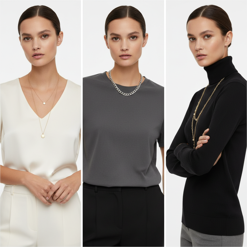 Model wearing chain necklaces with different necklines: V-neck, crew neck, and turtleneck