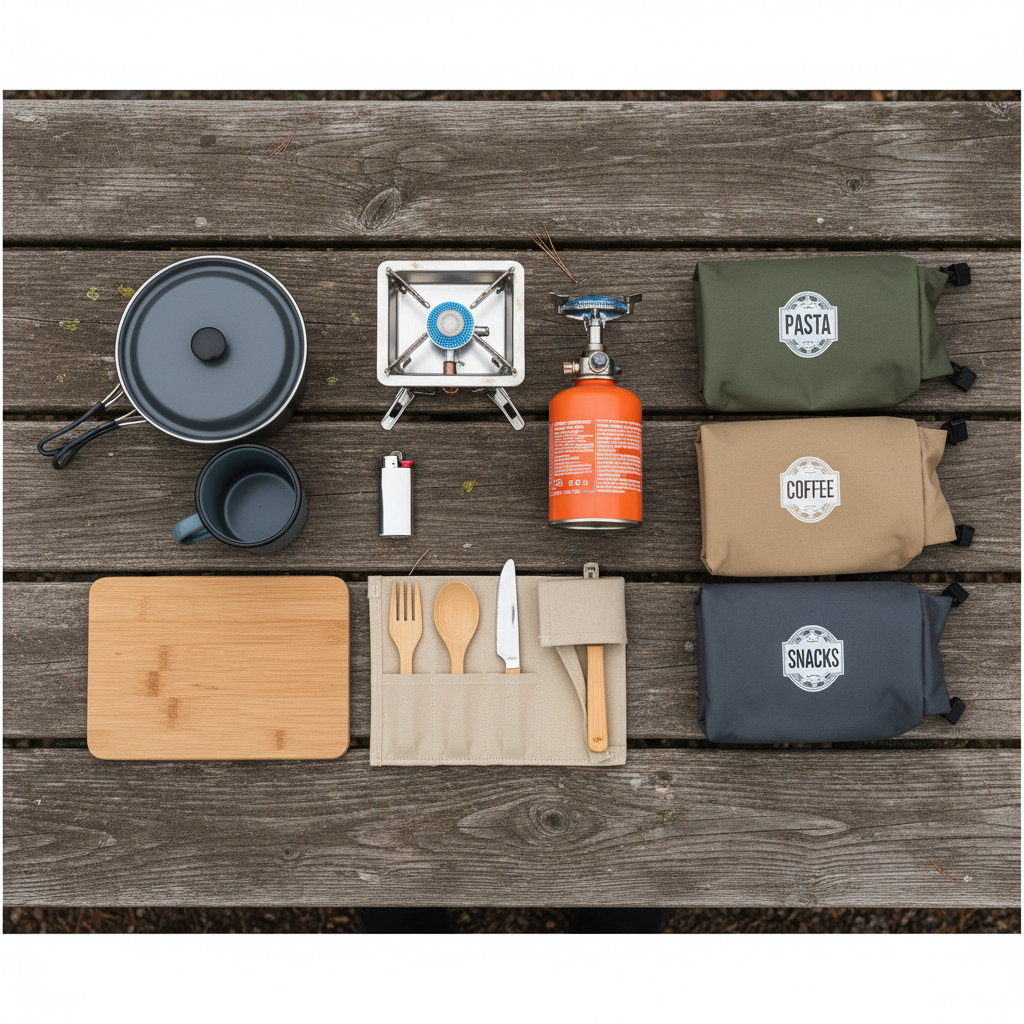 Organized camp kitchen setup with stove, fuel, and cookware for a camping gear checklist