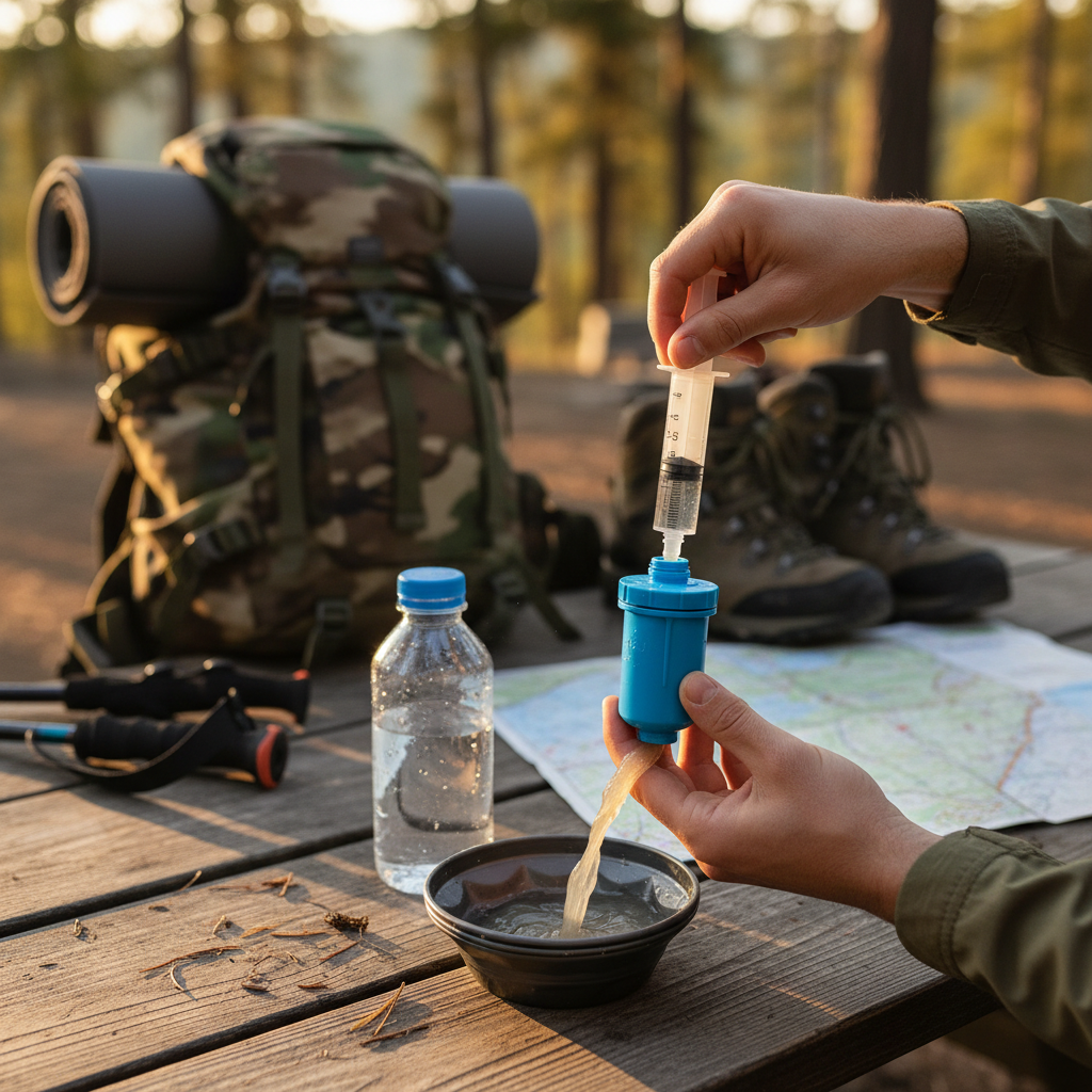 Backflushing and cleaning a portable water filter during a trekking trip