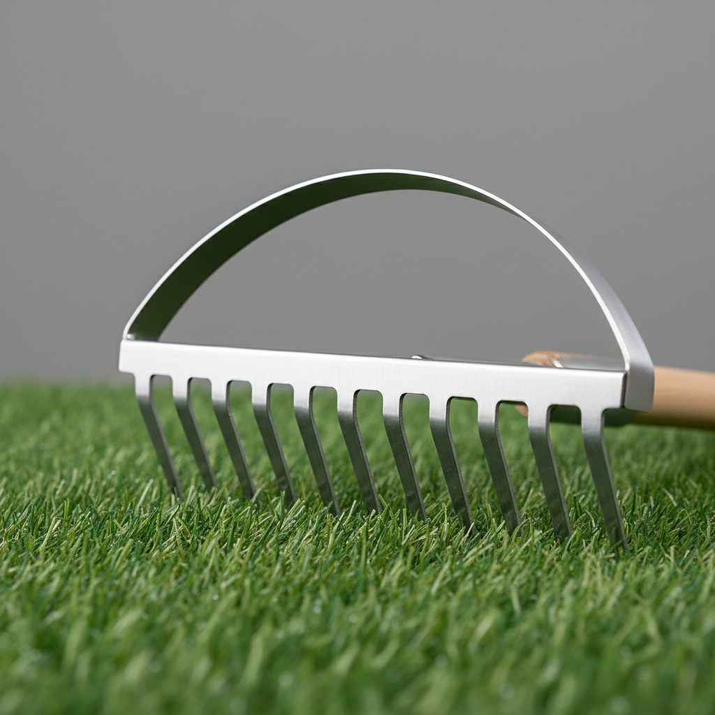 Close-up of metal bow rake head showing tine spacing and durable steel construction