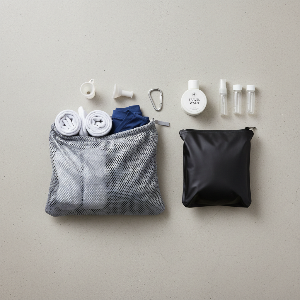 Travel laundry organization with mesh bag and waterproof pouch for dirty clothes separation