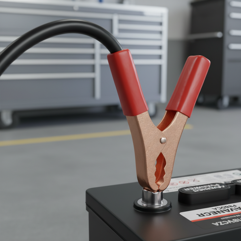 Close-up of jumper cable clamp making solid contact on a clean battery terminal