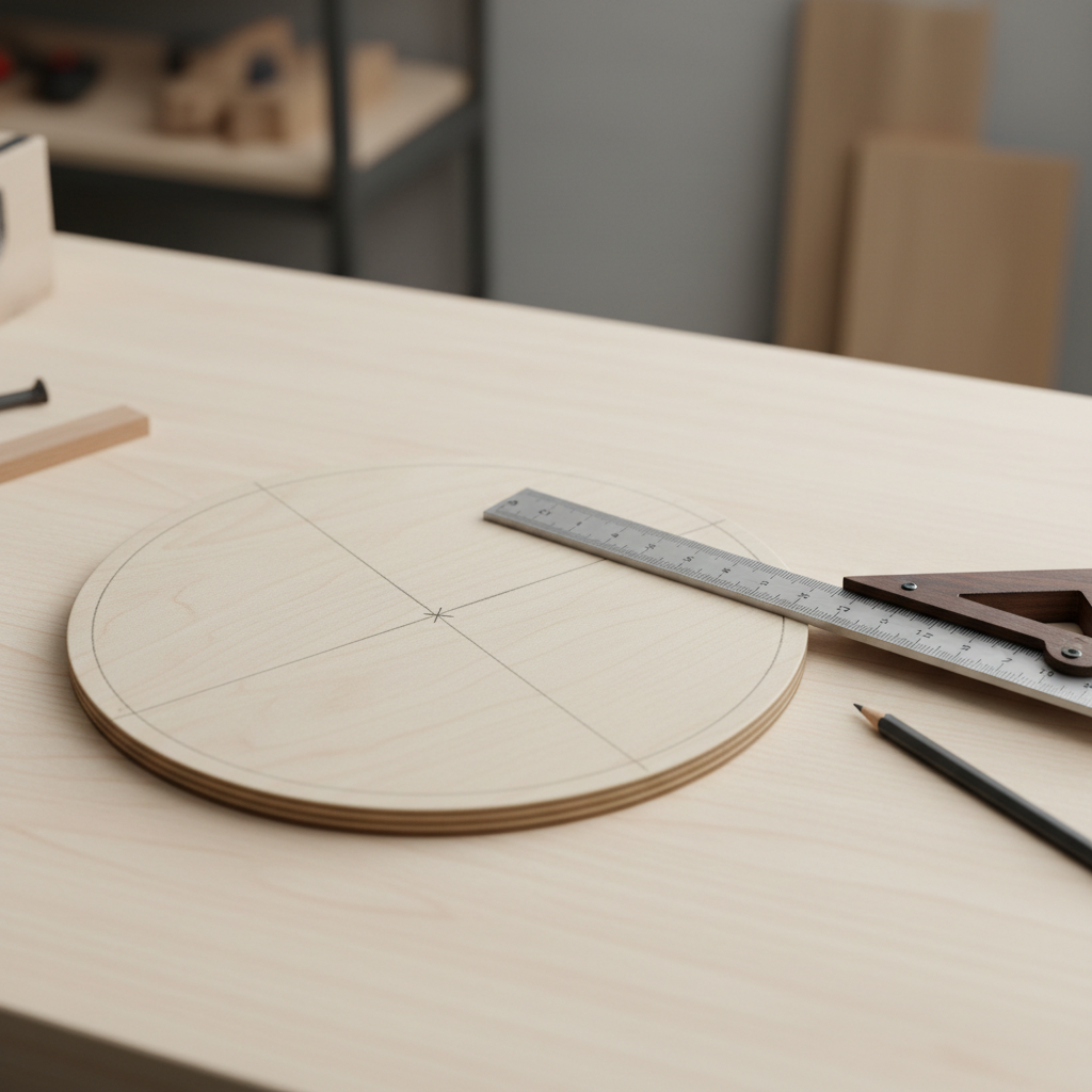 Circle center marking workflow with chords and perpendicular bisectors on a wood circle