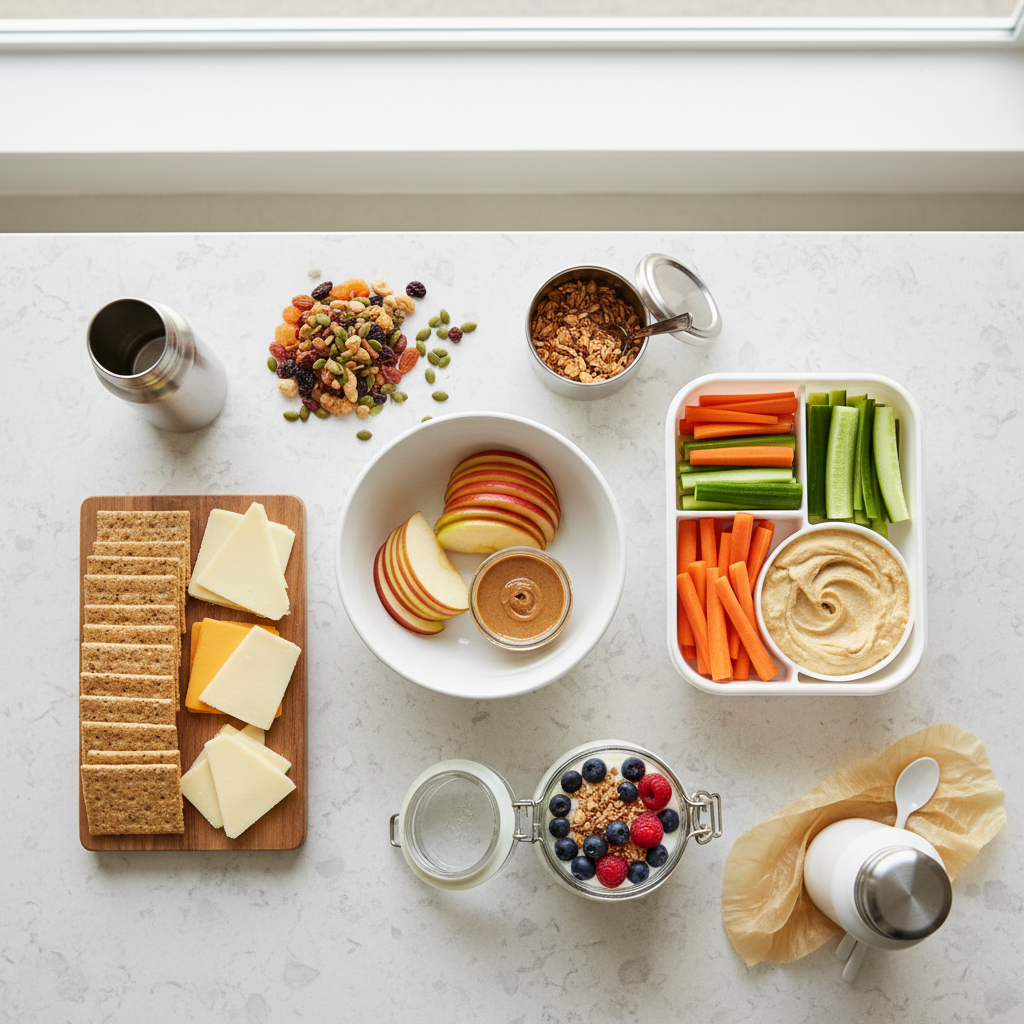 Balanced healthy snack pairings for a road trip like fruit with nuts and veggies with hummus