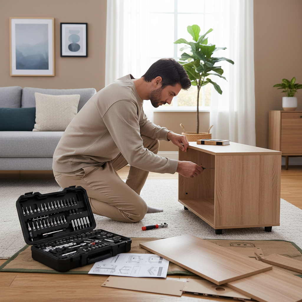 Homeowner using basic hand tools to assemble furniture in a living room