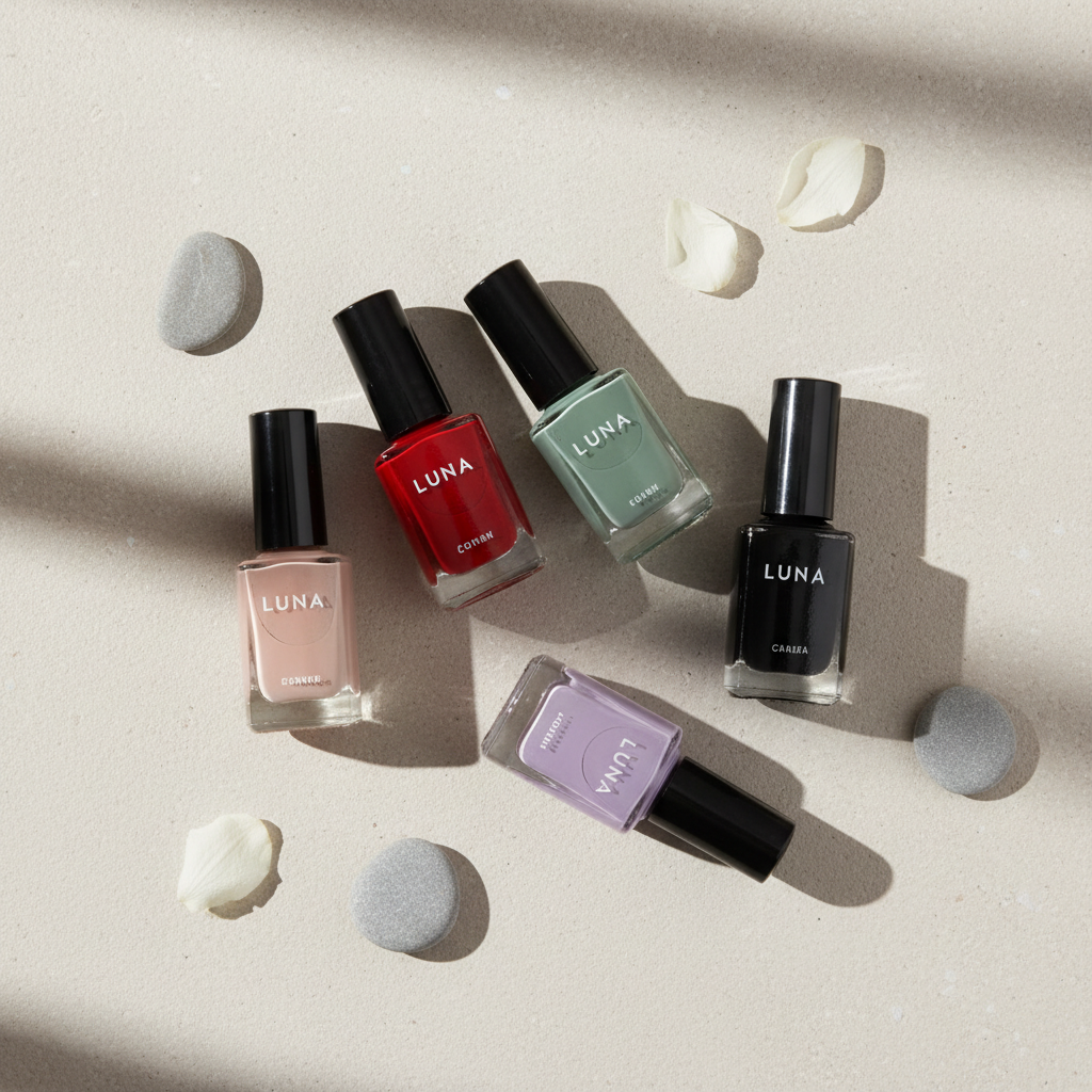 Flat lay of trending nail polish fashion colors in modern neutrals, reds, and pastels