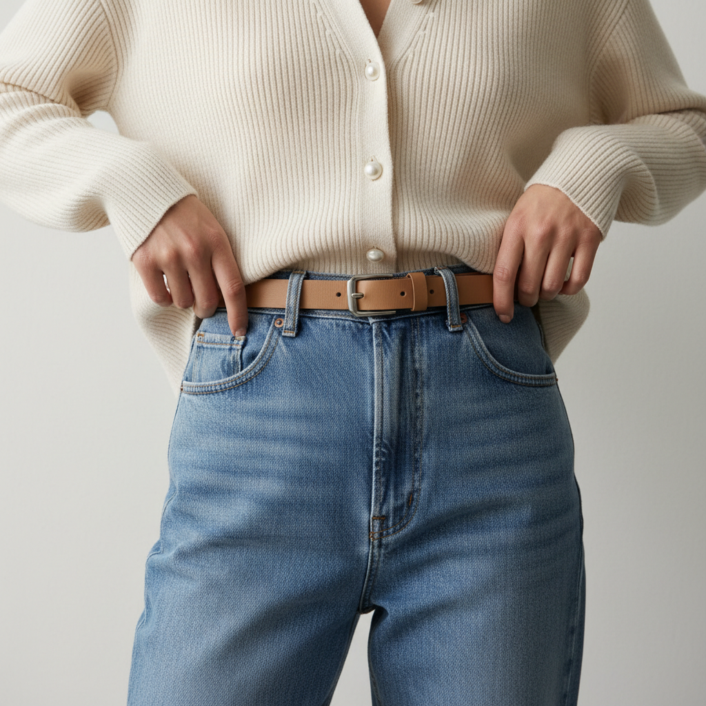 Buttoned cardigan styled with half-tuck and belt for spring