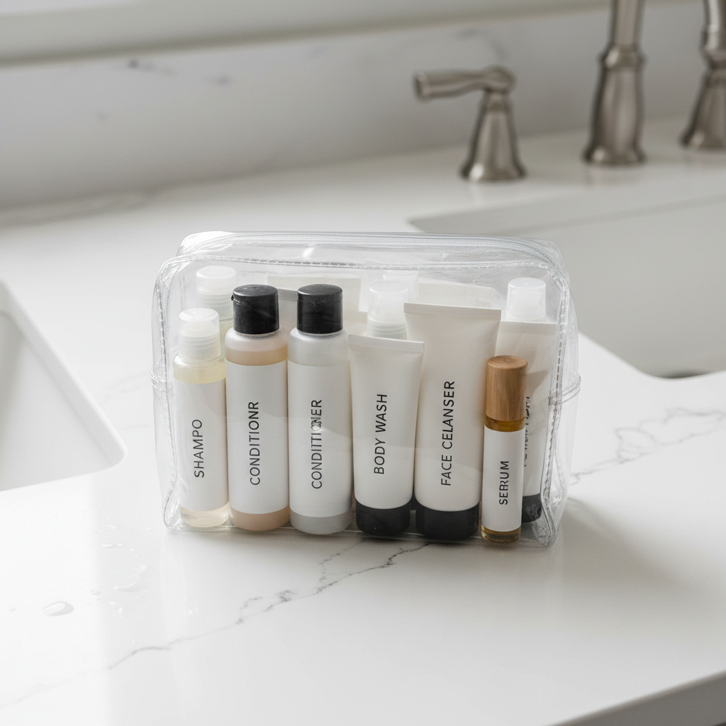 Carry-on compliant travel toiletries in clear quart bag