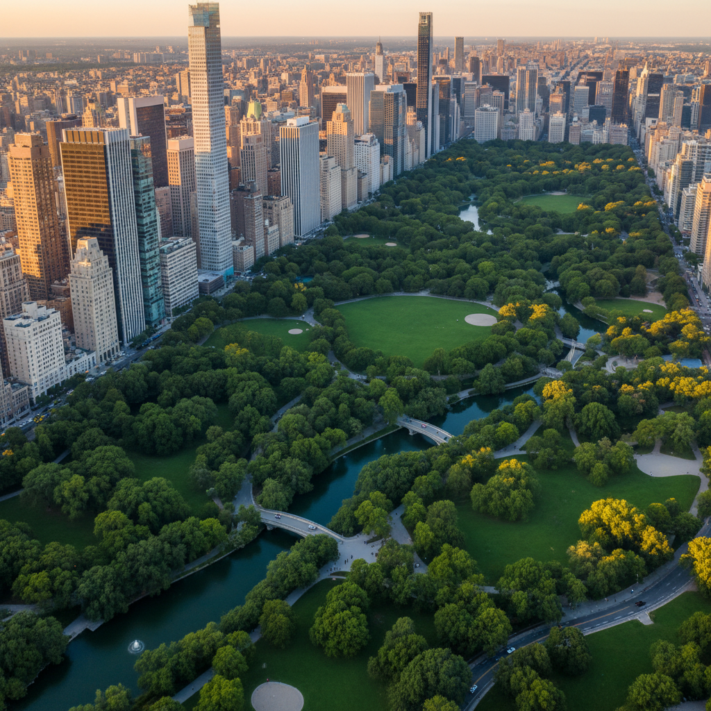 Aerial view of a large urban park surrounded by skyscrapers
