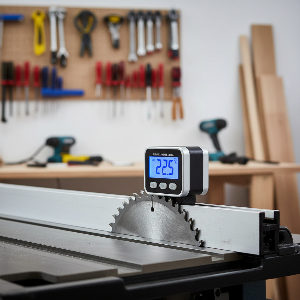 Angle cube on a table saw blade showing bevel setup