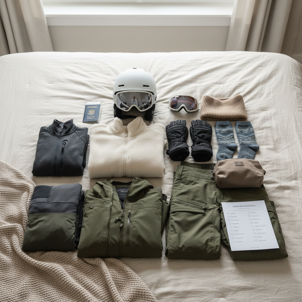 Snowboard travel packing checklist with helmet, goggles, base layers, and gloves on a bed