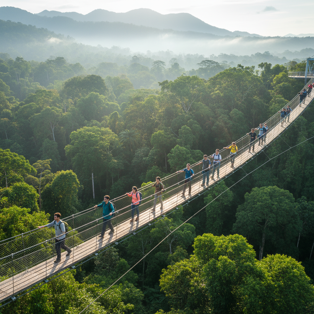 Travelers crossing a rainforest canopy bridge during an adventure tour