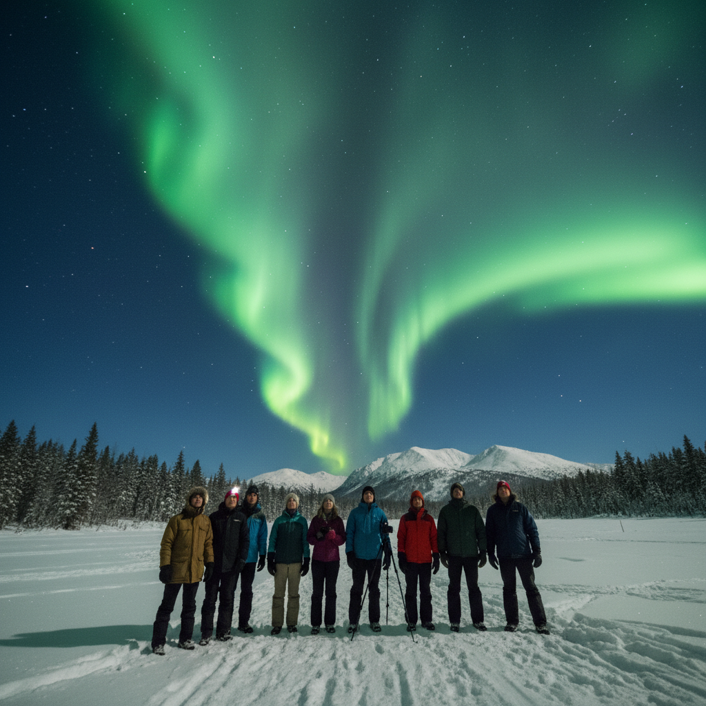 Aurora borealis over snowy landscape with travelers watching at night