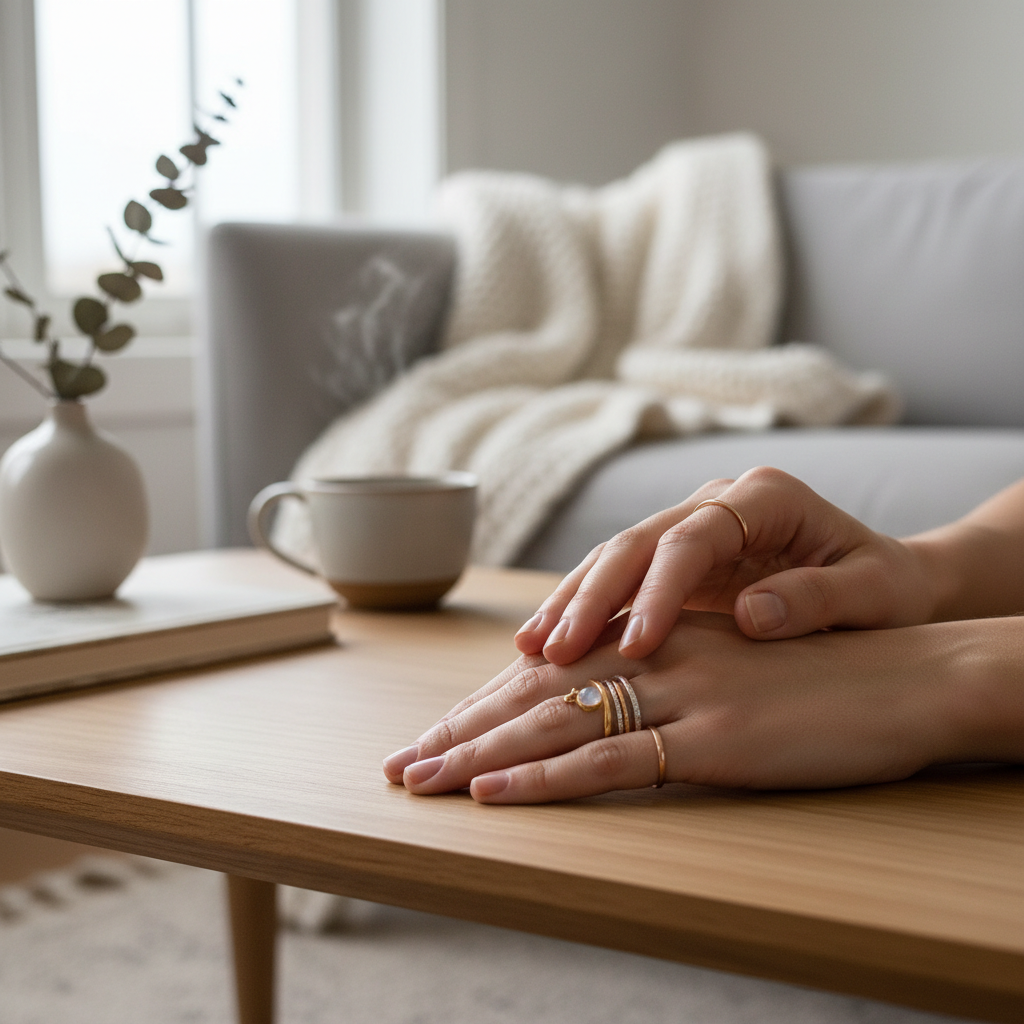 Everyday stackable rings styling on hands with balanced anchor ring and thin bands