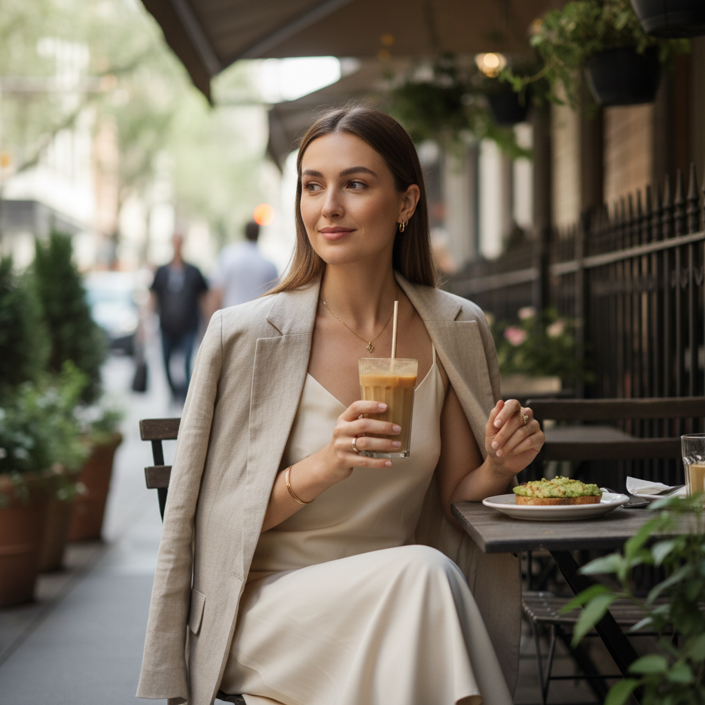 Dressy casual women brunch outfit with midi dress and light blazer at an outdoor cafe