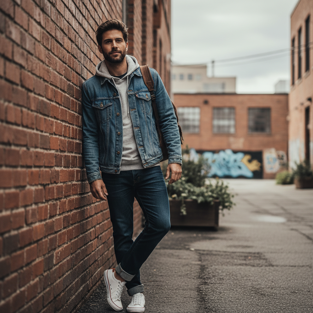 Men wearing a vintage wash denim jacket layered over a hoodie in a casual urban setting