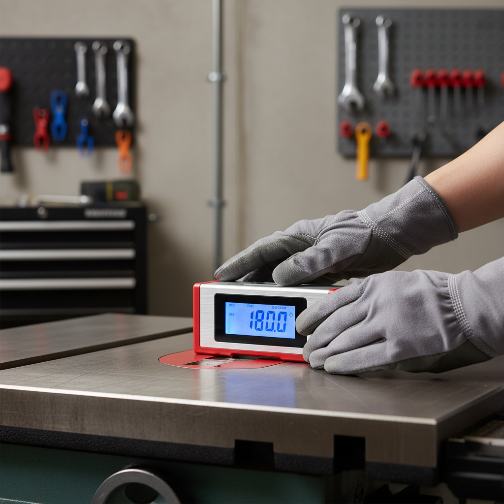 Checking a digital angle gauge level by flipping it on a flat metal surface