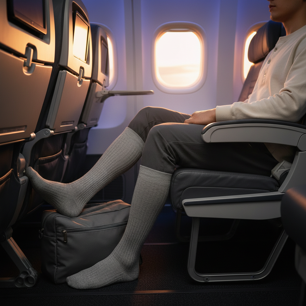 Traveler wearing compression socks in an airplane seat for flight comfort
