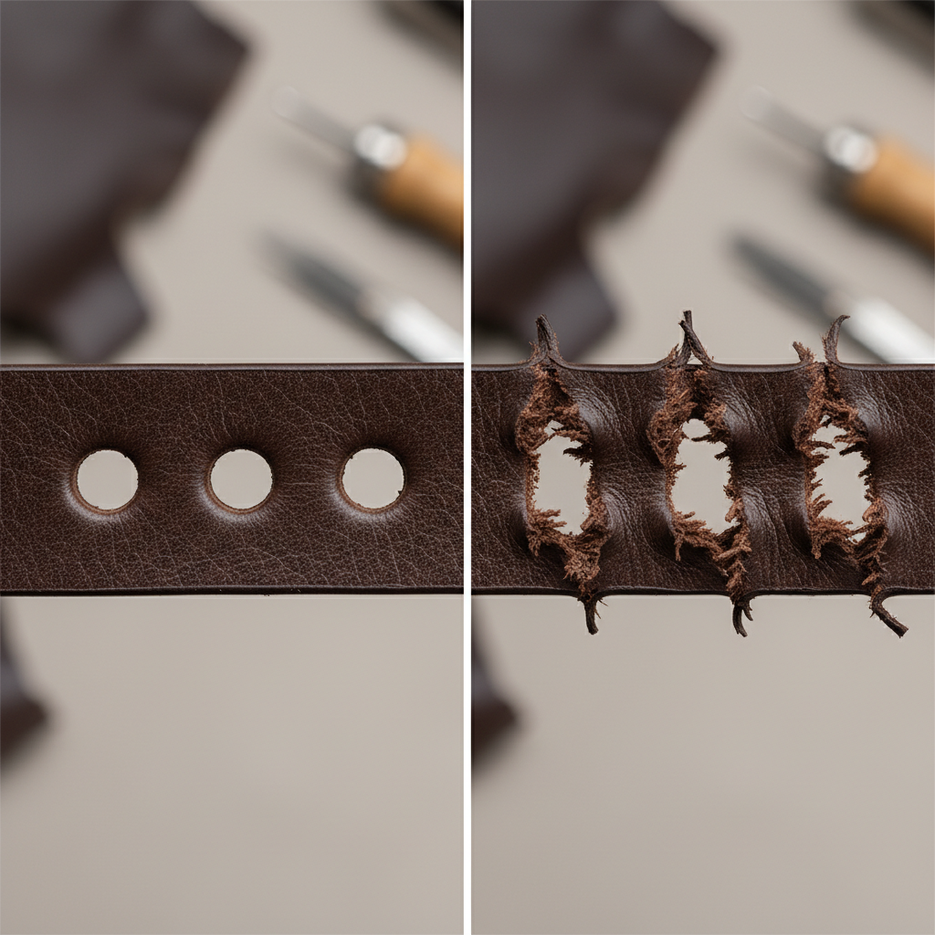 Close-up of clean vs ragged punched holes in leather strap