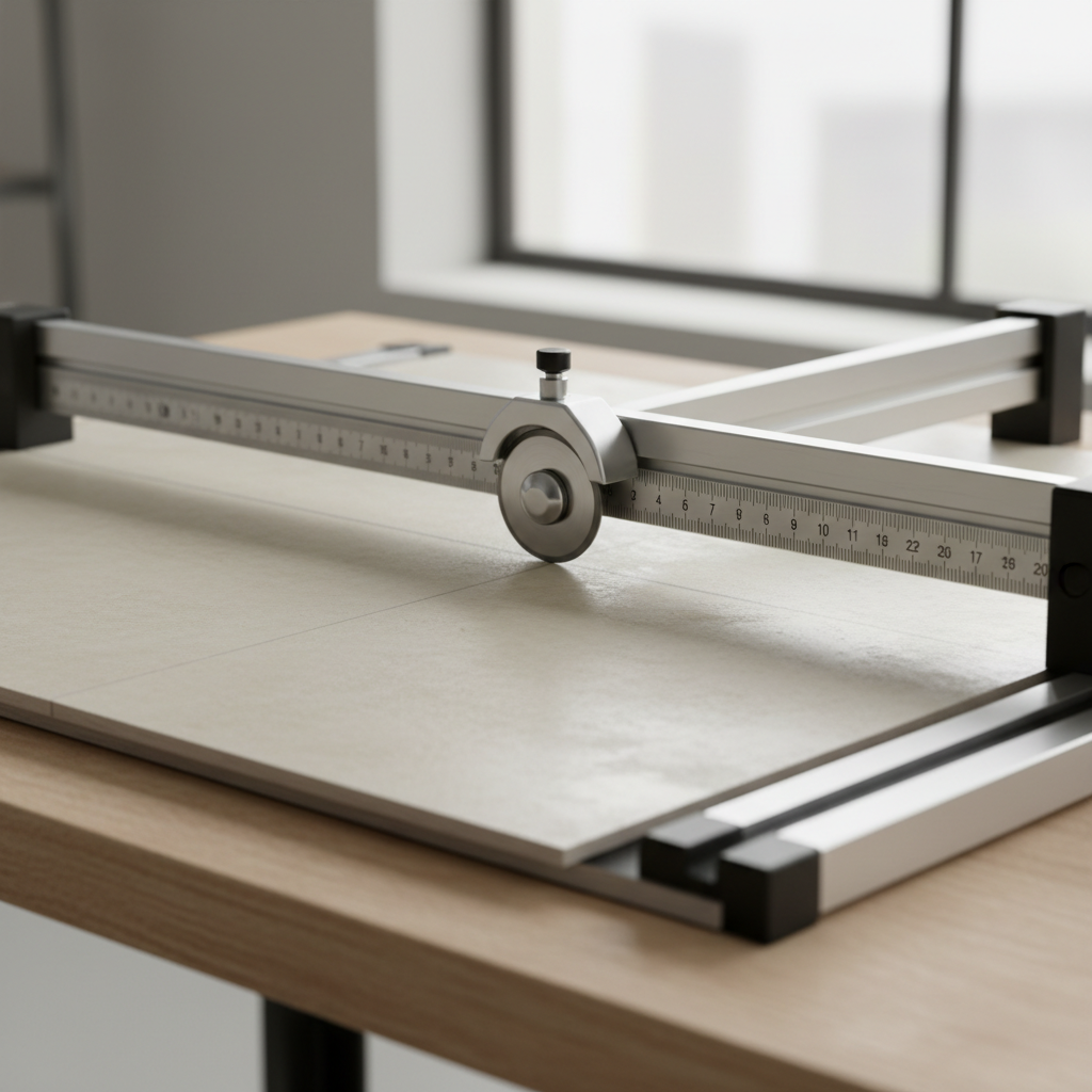 Close-up of a scoring wheel on a manual tile cutter showing alignment to a marked cut line