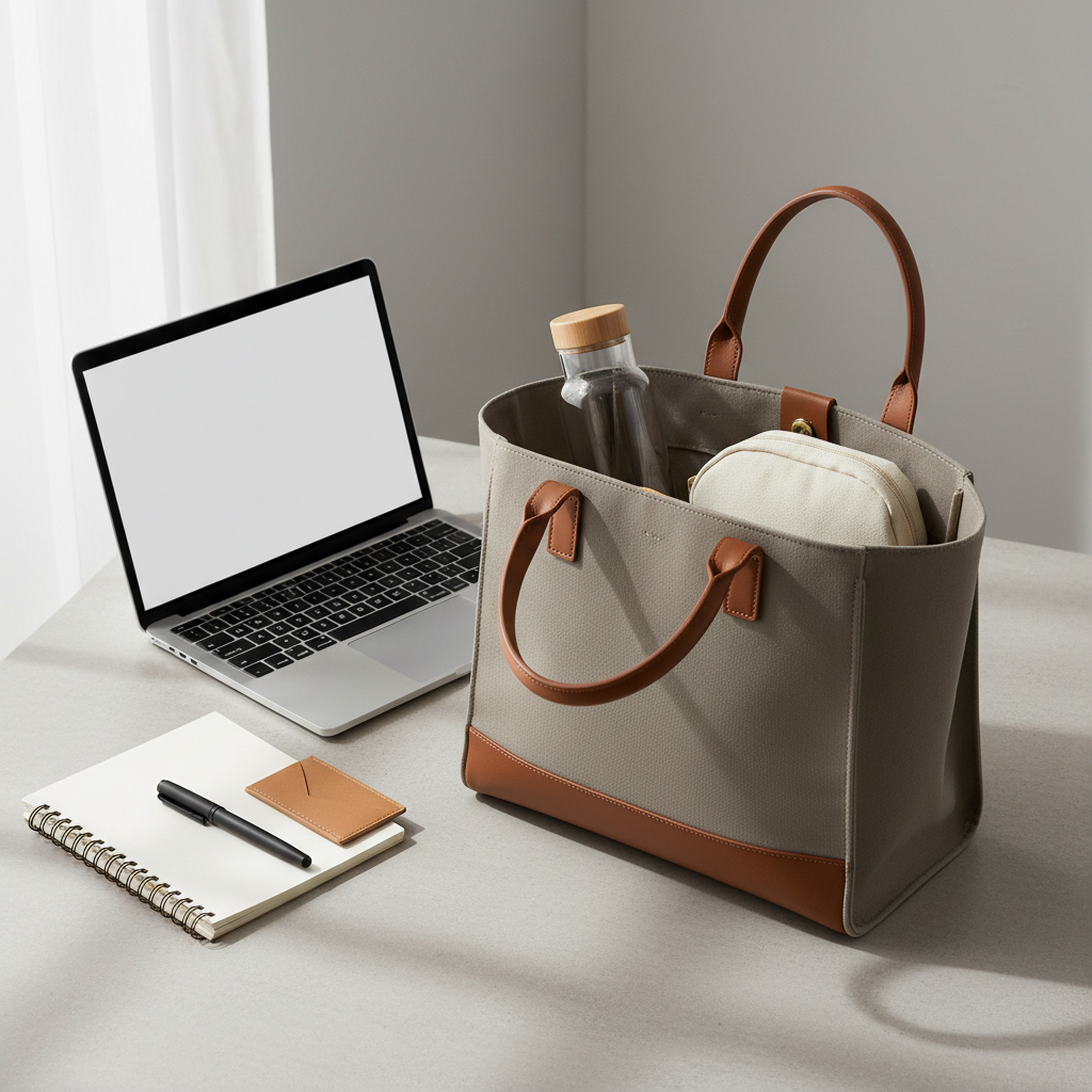 Flat lay of work essentials in a structured tote bag including laptop and notebook