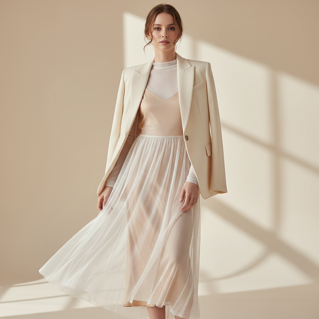 Modest sheer dress layering with slip dress and blazer