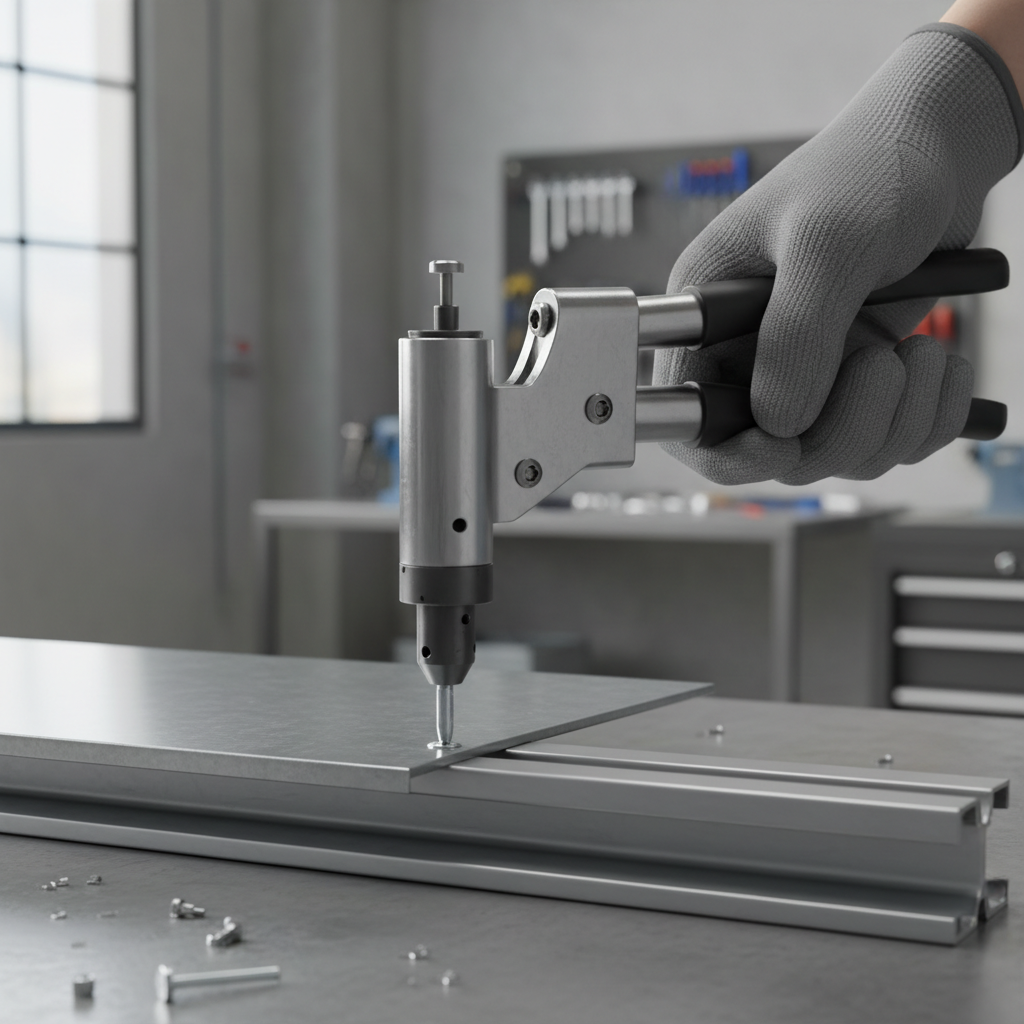 Pop rivet tool fastening sheet metal panel with correct nose piece installed