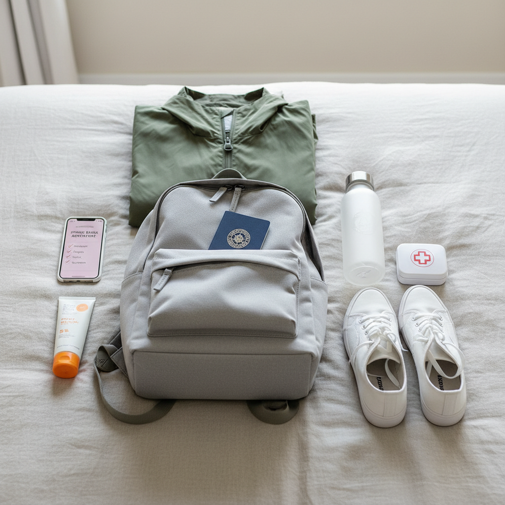 Students packing for spring break with checklist, passport, and travel essentials