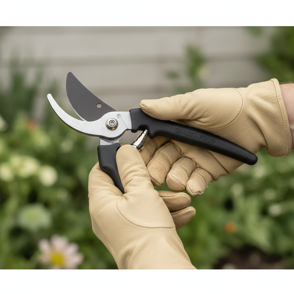 Home gardener inspecting pruning shears pivot bolt and blade alignment